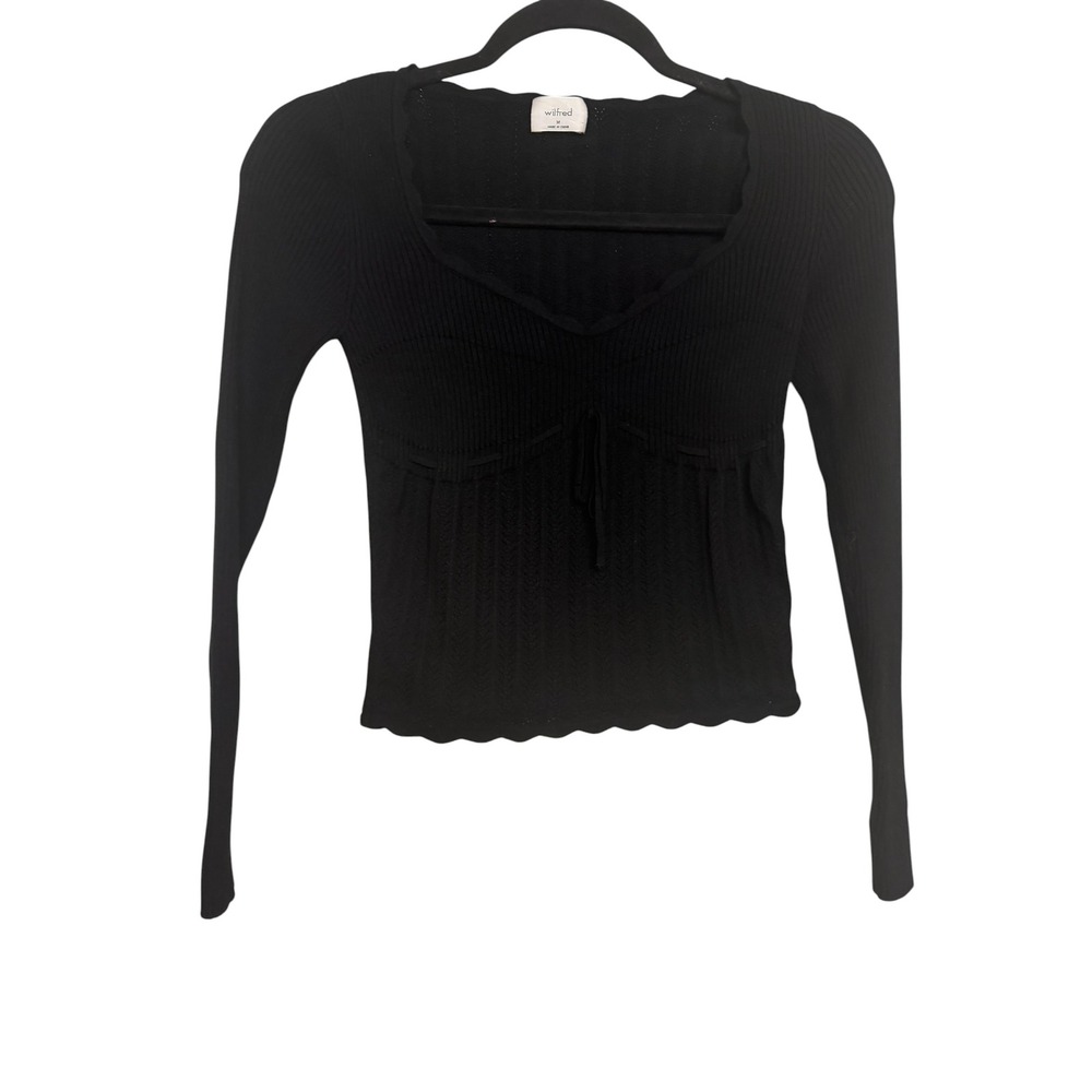 Aritzia Wilfred Black Pointelle Ribbed Long Sleeve Scalloped Sweetheart Top M